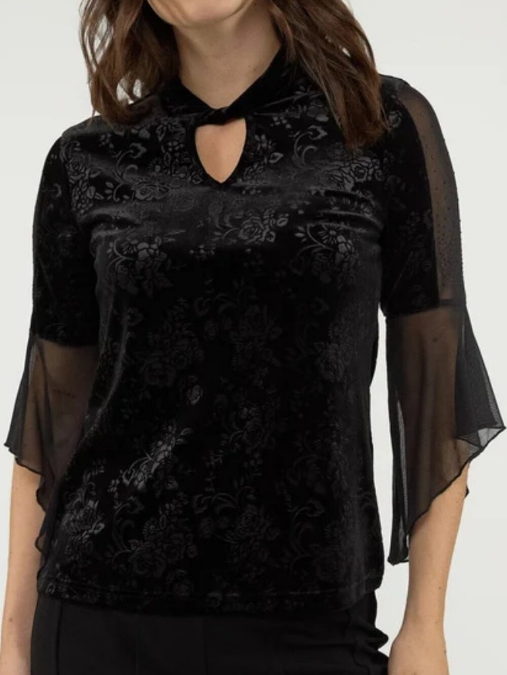 Black Velvet Keyhole Gothic Blouse with Sheer Bell Sleeves